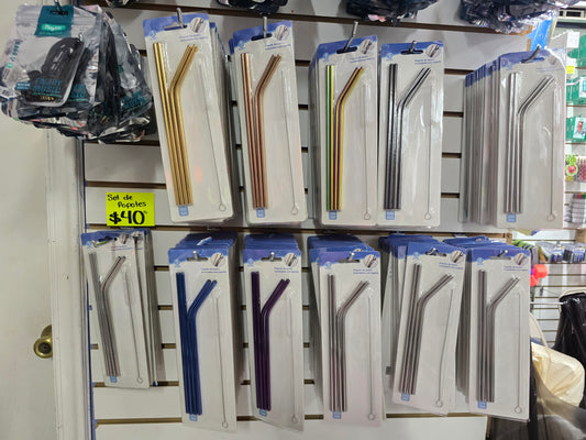 Popote de acero inoxidable paquete con 4 popotes y cepillo para lavarlos